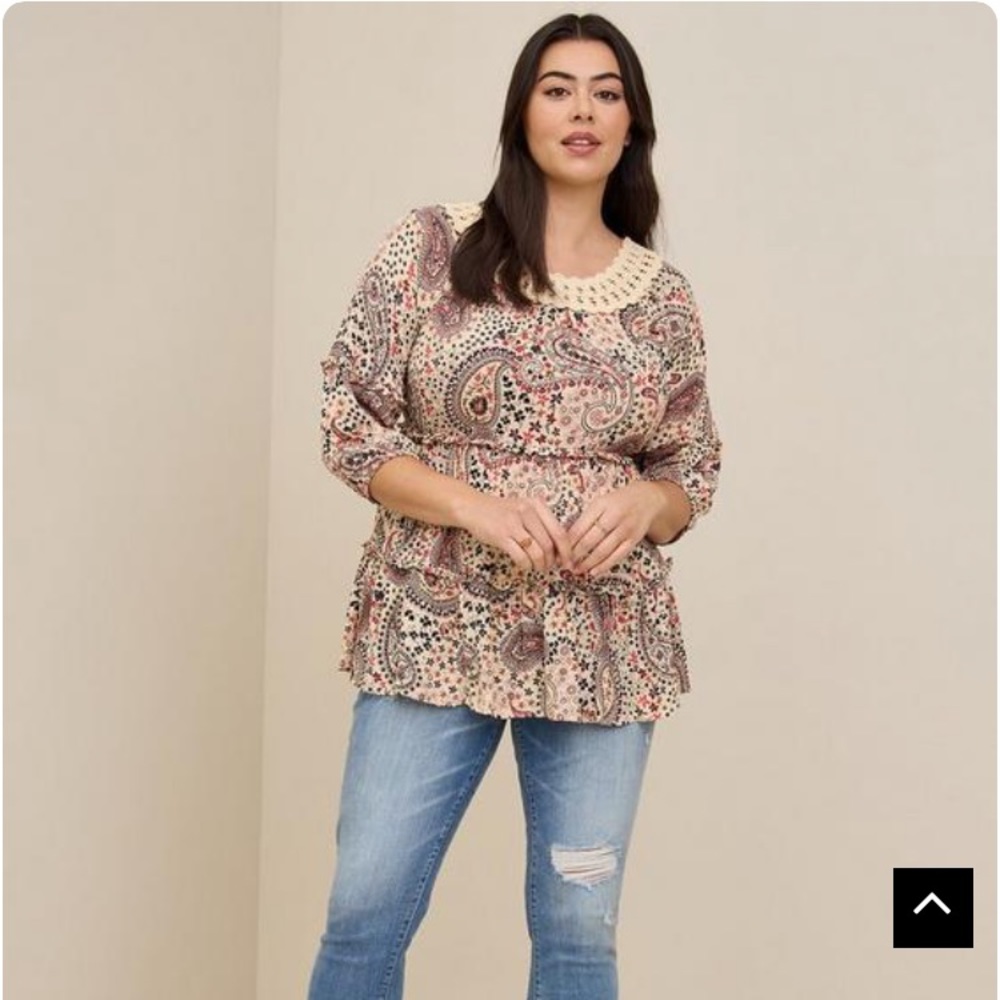 NWT Babydoll Clip Dot Crinkle Gauze Crochet Neck Top, Size 1 (14/16)